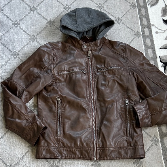 Guess Brown Vegan Leather Hooded Retro Moto Jacket - Picture 1 of 14
